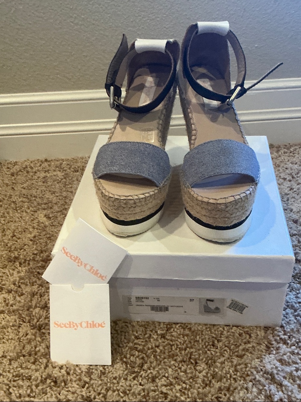 ✨See By Chloe Denim-Look Espadrille Wedge Sandals with Ankle Strap